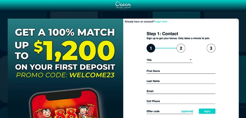 Ocean Online Casino Registration Page