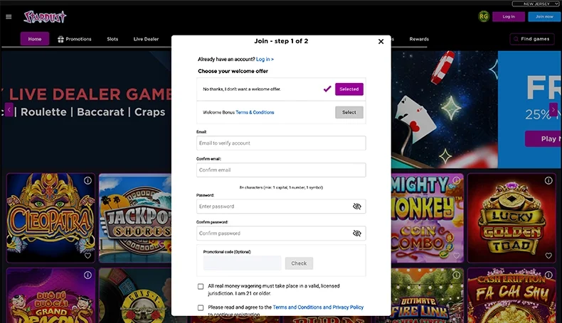 Stardust Casino Online Registration Page