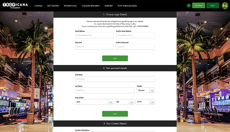 Tropicana Casino Registration Page